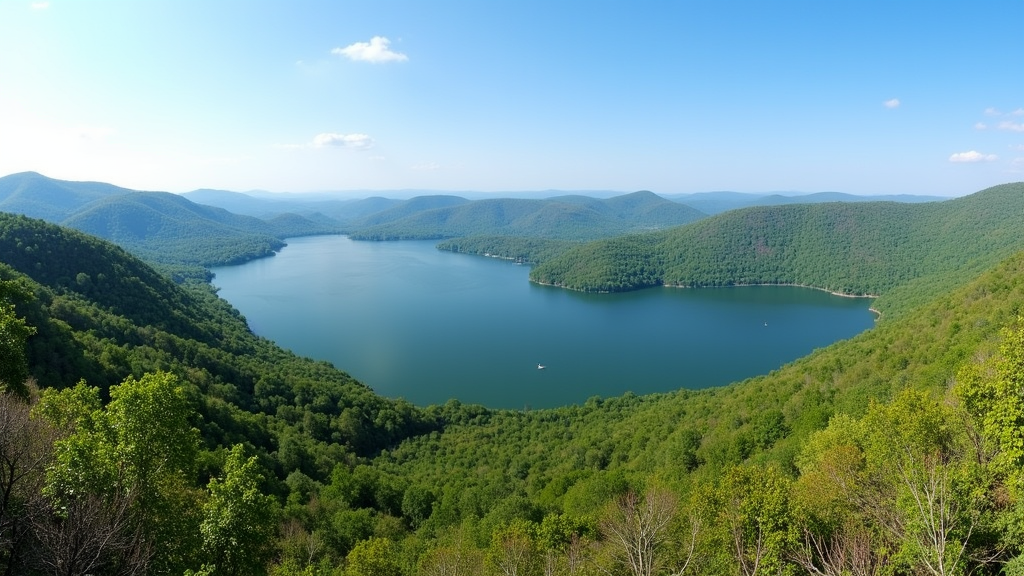 A panoramic view of Branson surrounded by the Ozark Mountains, forests, and lakes