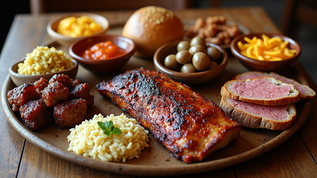 A vibrant table spread at a Branson restaurant with Ozark specialties, barbecue, and artisan breads