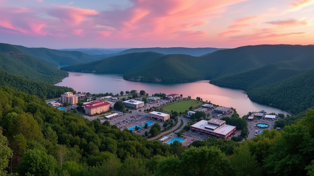 Branson, Missouri landscape with lake and wooded hills