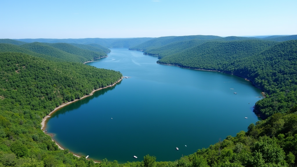 Overhead view of Table Rock Lake, surrounding forested hills, and several boats