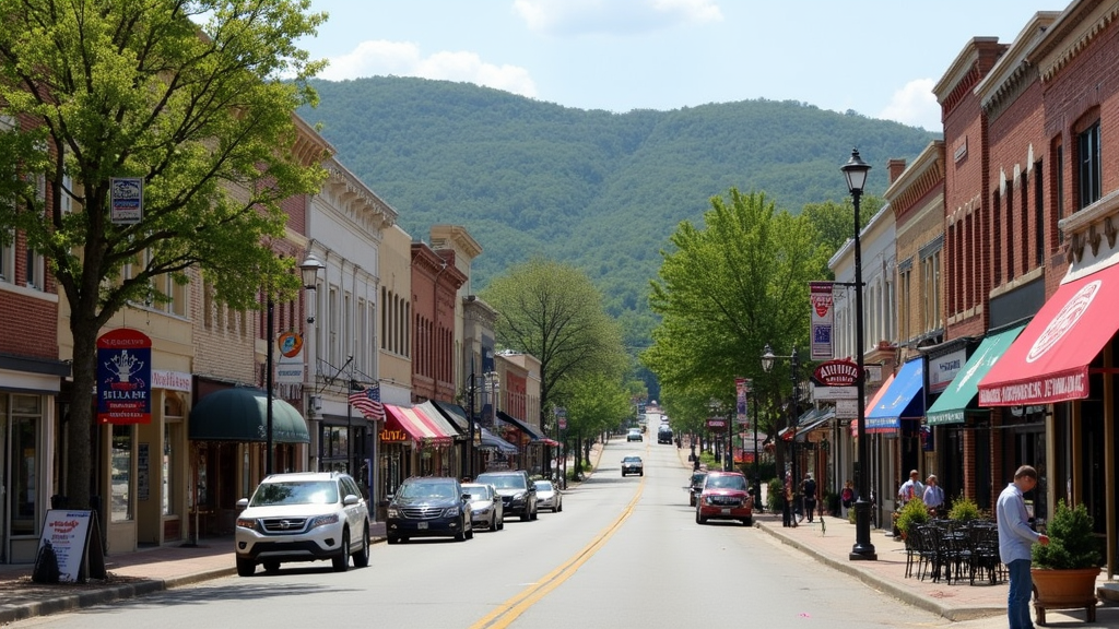 Scenic view of historic downtown Branson, showing art galleries, vintage theaters, and walkable streets lined with storefronts. Trees and hilly Ozarks landscape in the background.